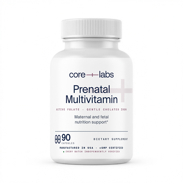 CoreLabs Prenatal Multivitamin bottle front, active folate and gentle chelated iron, 90 capsules, two capsules per serving