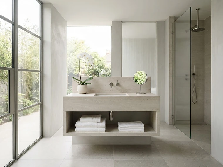 A spotless minimalist bathroom cleaned by LMC Cleaning Services