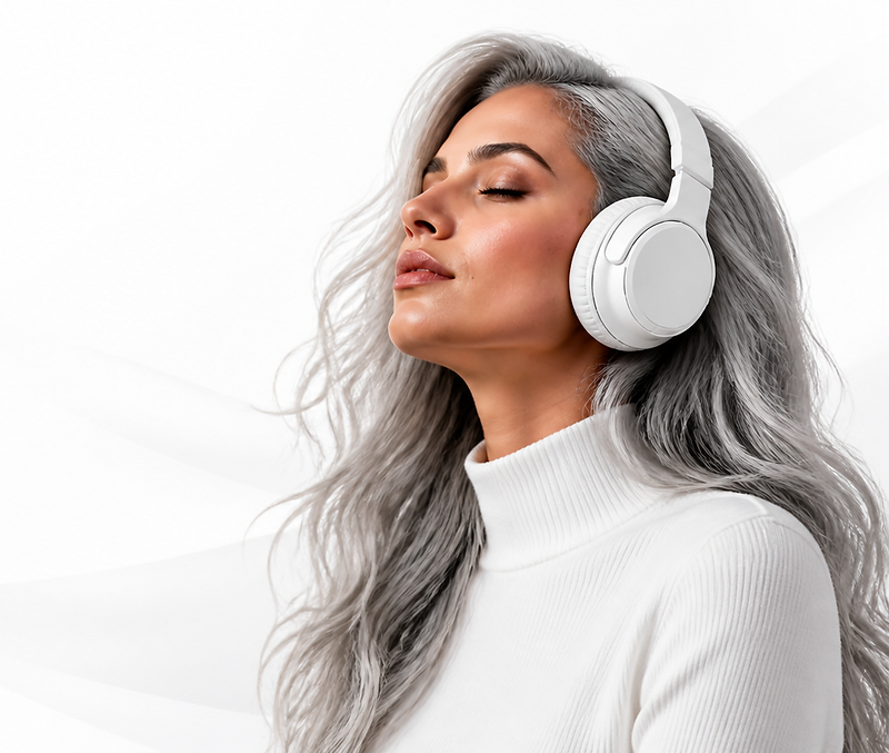 Woman relaxing while listening on premium white headphones