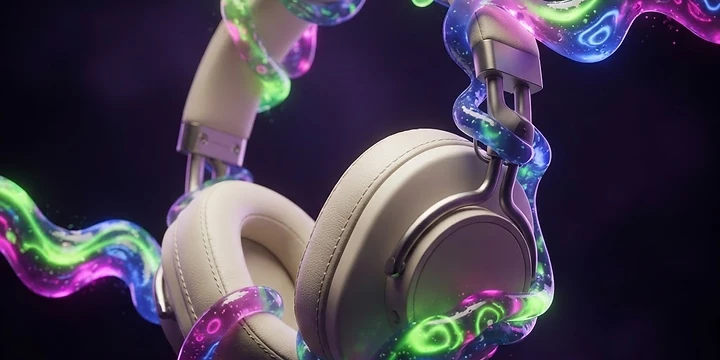 Cream headphones with colorful sound waves