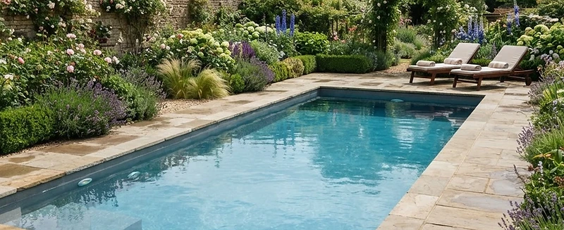 Newly built concrete swimming pool in a landscaped English garden