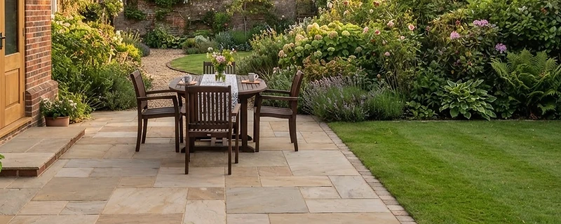 Newly laid sandstone patio in a landscaped Surrey garden