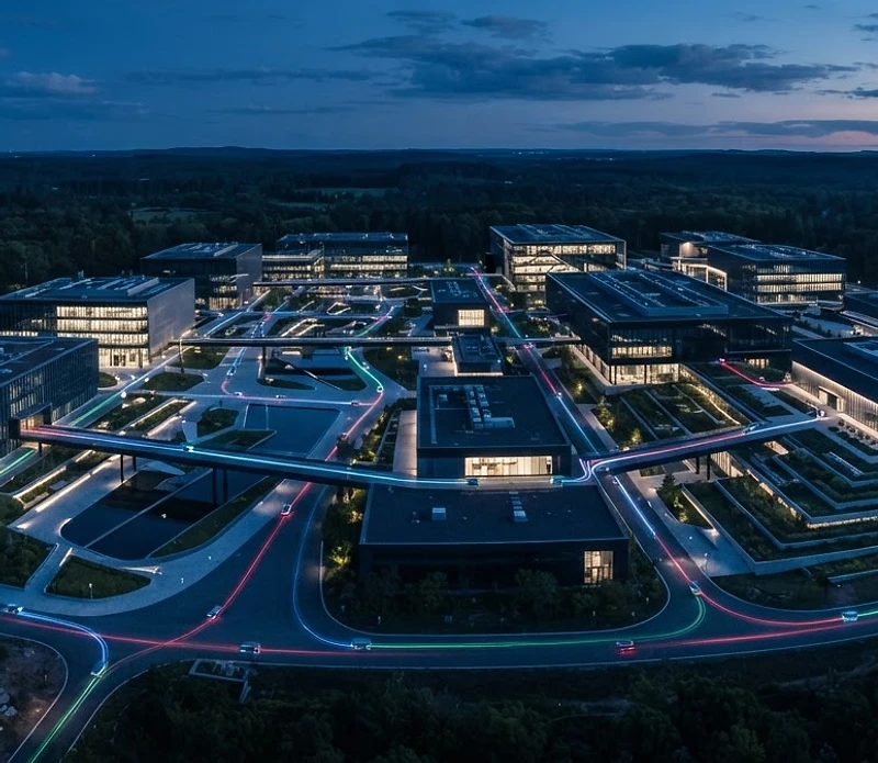 Autonomer Gewerbecampus zur blauen Stunde mit Lichtspuren autonomer Systeme