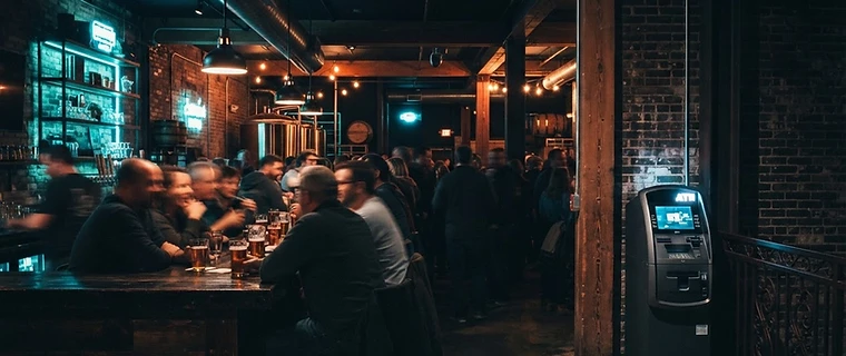ATM installed inside a Denver brewery taproom at night