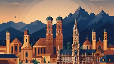 Illustration der Münchner Skyline mit Frauenkirche und Neuem Rathaus