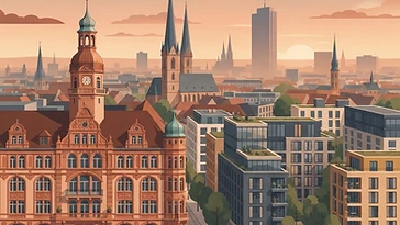 Illustration der Leipziger Innenstadt mit historischer Passage und urbanem Viertel