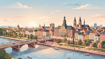 Illustration der Bonner Rheinfront mit historischem Verwaltungsgebäude und Brücke