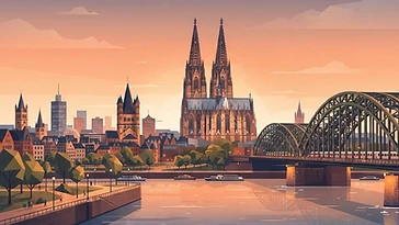 Illustration des Kölner Doms mit Hohenzollernbrücke am Rhein