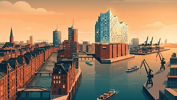 Illustration des Hamburger Hafens mit Elbphilharmonie und Speicherstadt
