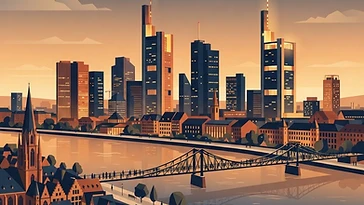Illustration der Frankfurter Skyline mit Main und Eisernem Steg