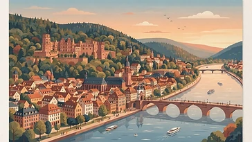 Illustration der Heidelberger Altstadt am Neckar mit Schlossberg und alter Brücke