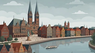 Illustration der Bremer Innenstadt mit Rathaus, Roland und Wesermotiv