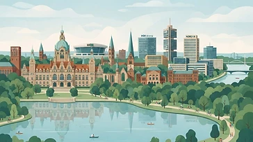 Illustration der Hannover-Stadtkulisse mit historischer und moderner Architektur, Park und See