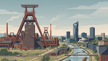 Illustration der Essener Industriekulisse mit Fördergerüst und Ruhrgebietsarchitektur