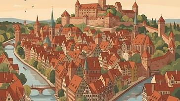 Illustration der Nürnberger Altstadt mit Burgberg und roten Dachlandschaften