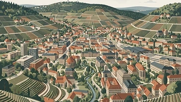 Illustration der Stuttgarter Kessellandschaft mit terrassierter Stadtarchitektur und Weinbergen