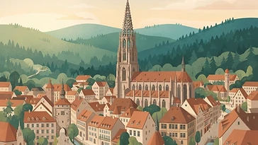 Illustration der Freiburger Altstadt mit Münster und Schwarzwald-Hügeln im Hintergrund