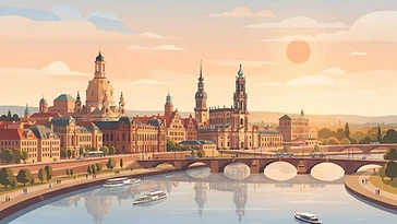 Illustration der Dresdner Stadtsilhouette an der Elbe mit barocken Kuppeln und Brücke