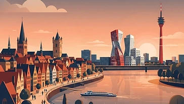 Illustration des Düsseldorfer MedienHafens mit Rheinpromenade