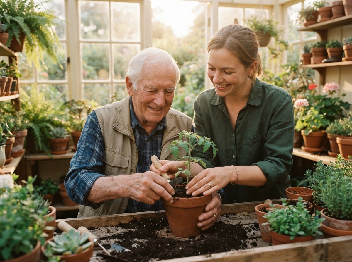 A caregiver assisting a client with gardening