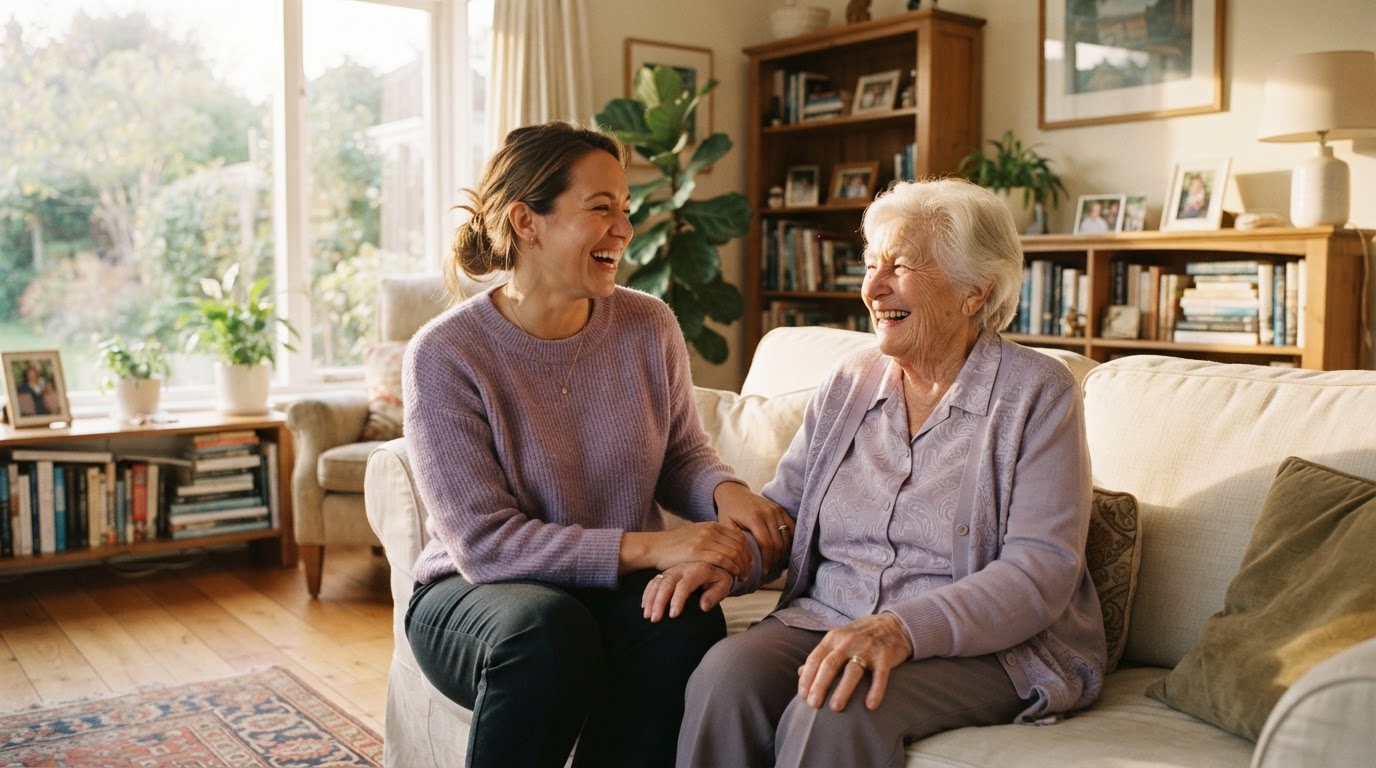 A caregiver sharing a warm moment with a client
