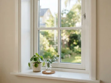 Illustrative image of a clean window frame wiped inside and out, for an article on window frame cleaning in Falmouth, Maine.