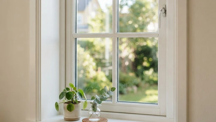 Illustrative image of a clean window frame wiped inside and out, for an article on window frame cleaning in Falmouth, Maine.