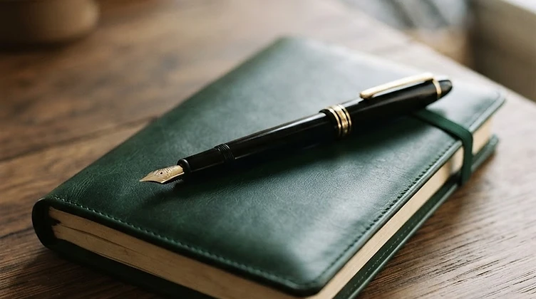 A fountain pen resting on a leather-bound planner in soft morning light