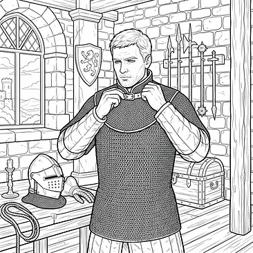 Medieval knight adjusting chainmail gorget piece