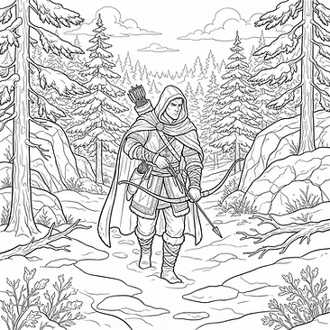 Archer stalking through snow covered pine