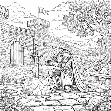 Knight kneeling before shattered stone sword