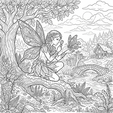 Winged sprite examining a clockwork butterfly