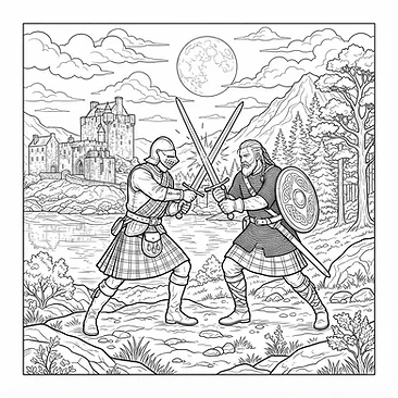 Highlander clashing broadsword under moonlight glow