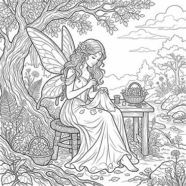 Fae stitching petals onto a dress