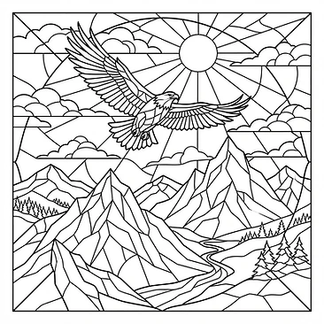 Eagle soaring above distant sharp peaks