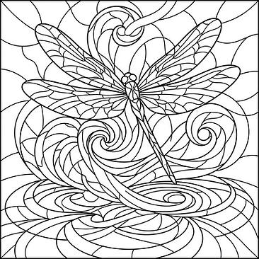 Dragonfly wings shimmering in abstract air currents over glassy water ripples
