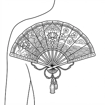 Ornamental fan behind a shoulder blade