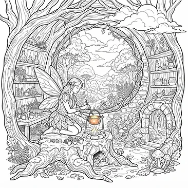 Fairy brewing nectar in acorn caps