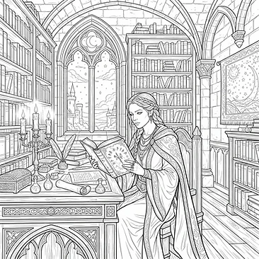 Sorceress reading by flickering candlelight