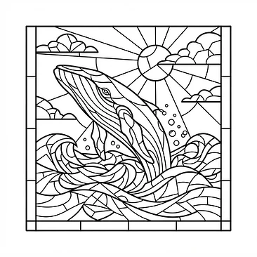 Whale breaching through geometric ocean waves