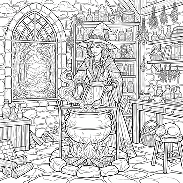 Witch brewing tea in iron cauldron