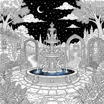 Starlit garden with enchanted stone fountains