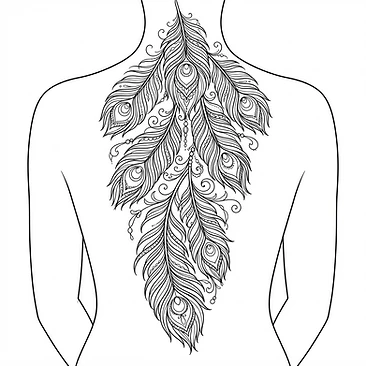 Peacock feathers cascading down the back