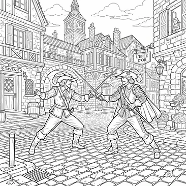 Musketeer duel on cobblestone street corner