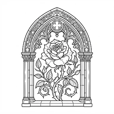 Gothic arch framing a blackwork rose