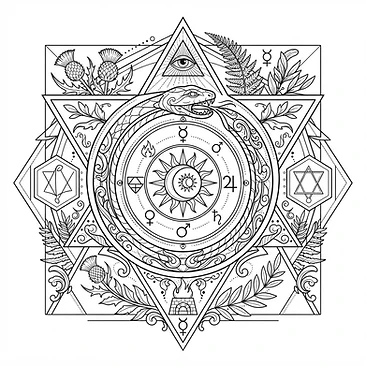 Alchemical symbols inside a geometric frame
