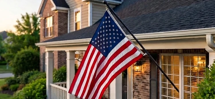 Veteran-owned home with beautifully restored roof and American flag on the porch