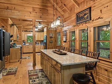 Galley kitchen with knotty pine cabinetry and appliances