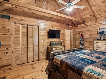 Bedroom with log-frame bed, dresser, and TV