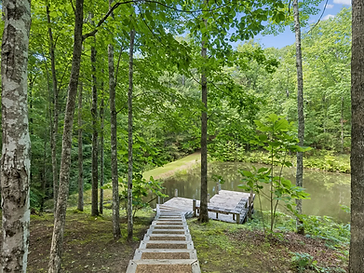 Wooded path and stairs leading down to the pond at Honeycutt Hollow